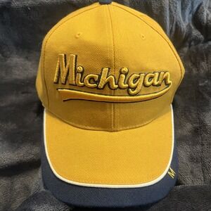 Vintage/Retro Michigan Wolverines Yellow & Blue Script Baseball Cap - Adjustable